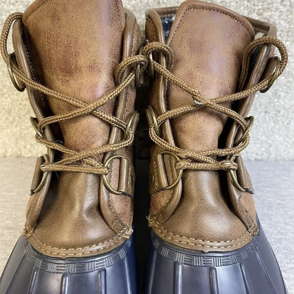 Magellan Outdoors Duck Boots Women's 8M Navy Blue/Brown‎ Blue Plaid Lining